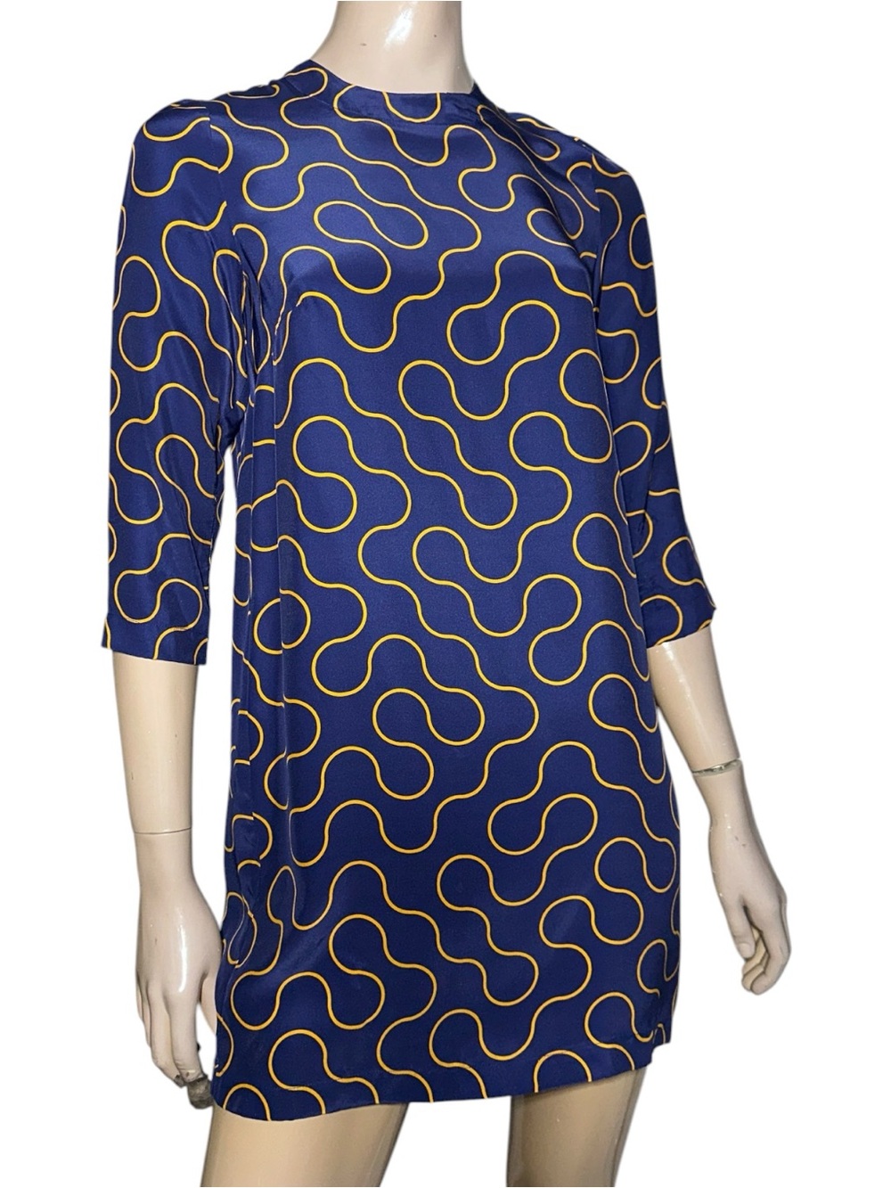 Drusen Drusen Women’s Size XS Navy Blue Yellow Arc Wave Printed Mini Dress